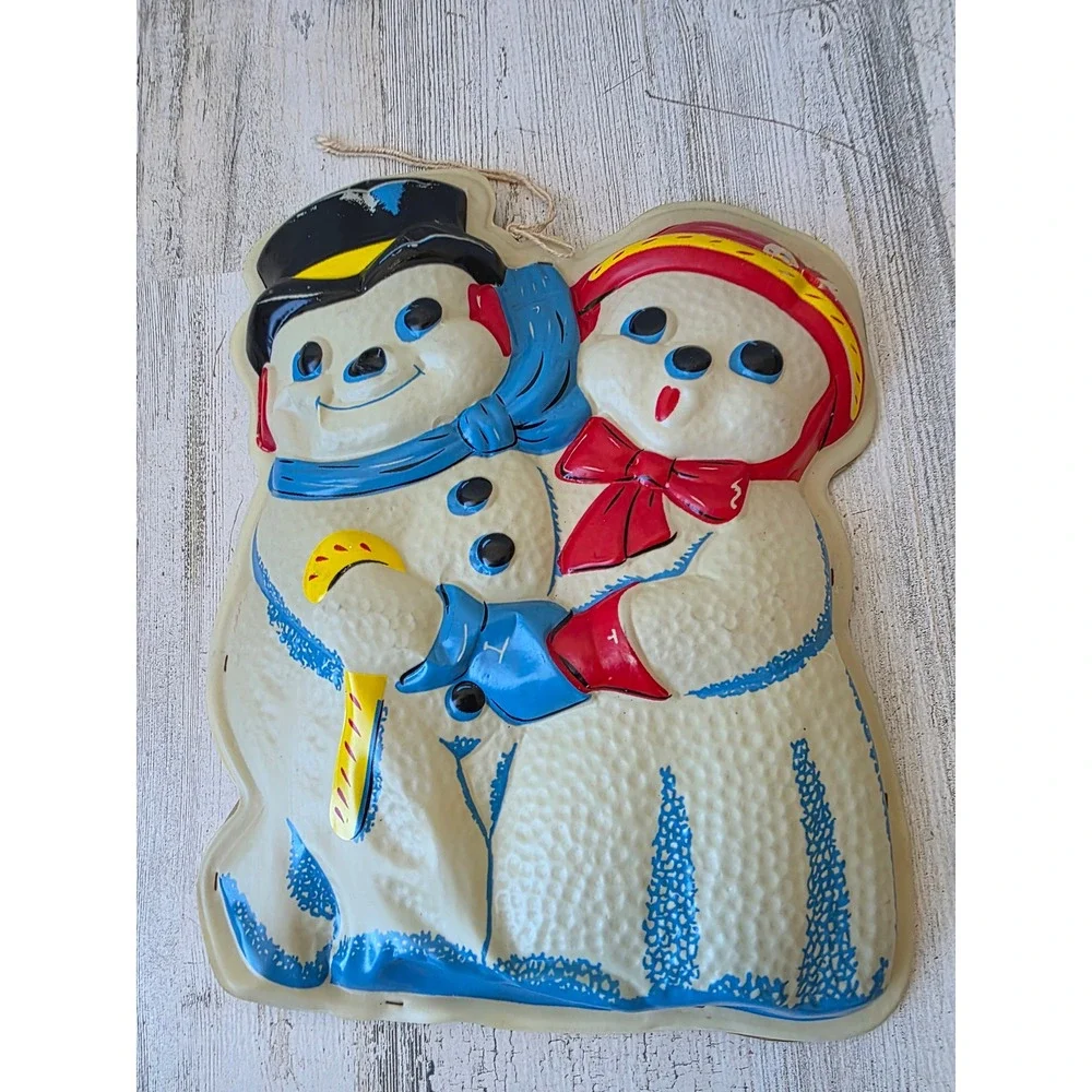 Vintage flat blow mold light up snowman couple hanging Xmas vintage decor